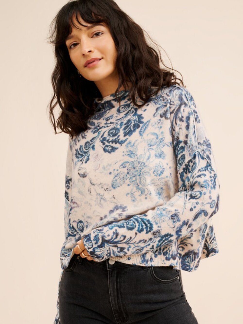 Anthropologie Pilcro The Alani Printed Cashmere Mock-Neck Sweater Size XL